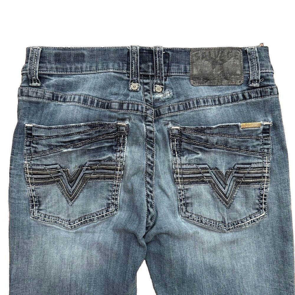 Y2K Salvage Supply Co Mayhem Straight Jeans 31x32 Dark Wash Distressed Buckle